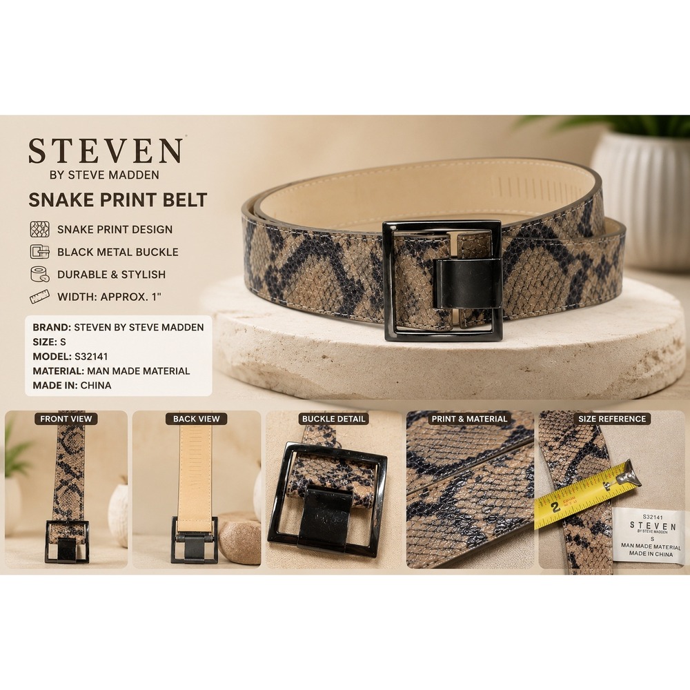 Steven by Steve Madden Faux Snakeskin Belt Tan Brown Gunmetal Buckle Small